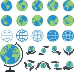 Blue Green globe earth vector shaped bundle. World map art and illustration of different presentation on white background. Earth icon bundle for web and print related use.