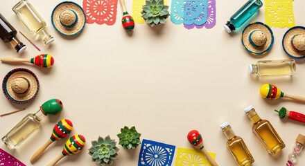 Colorful Cinco de Mayo celebration flat lay with sombreros, maracas, tequila bottles and papel picado on beige background. Mexican holiday. Cultural, festive party supplies. Border frame layout