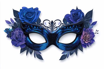 A black and blue masquerade mask with the words on it, an invitation card, with a quinceanera theme.