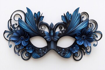 A black and blue masquerade mask with the words on it, an invitation card, with a quinceanera theme.