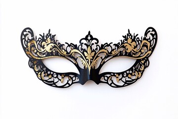 A black and gold masquerade mask-shaped invitation with the words ball dance" on it, featuring ornate patterns in metallic foil against an elegant white background. 