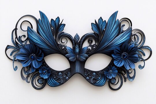 A black and blue masquerade mask with the words on it, an invitation card, with a quinceanera theme.