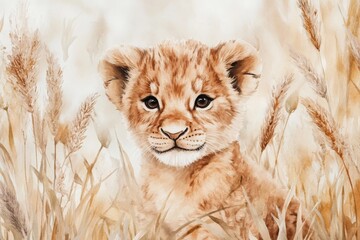 Cute watercolor lion cub with a neutral beige mane, surrounded by soft pampas grass