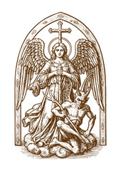 angel and demon sketch engraving vector illustration. hand drawn vector illustration