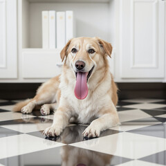 cheerful beige dog rests on a black and white checkered floor
