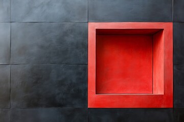Red recessed square in a dark gray tiled wall.