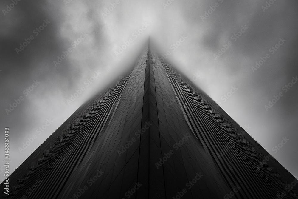 Poster looking up at a towering skyscraper disappearing into the clouds on a moody, overcast day in an urba