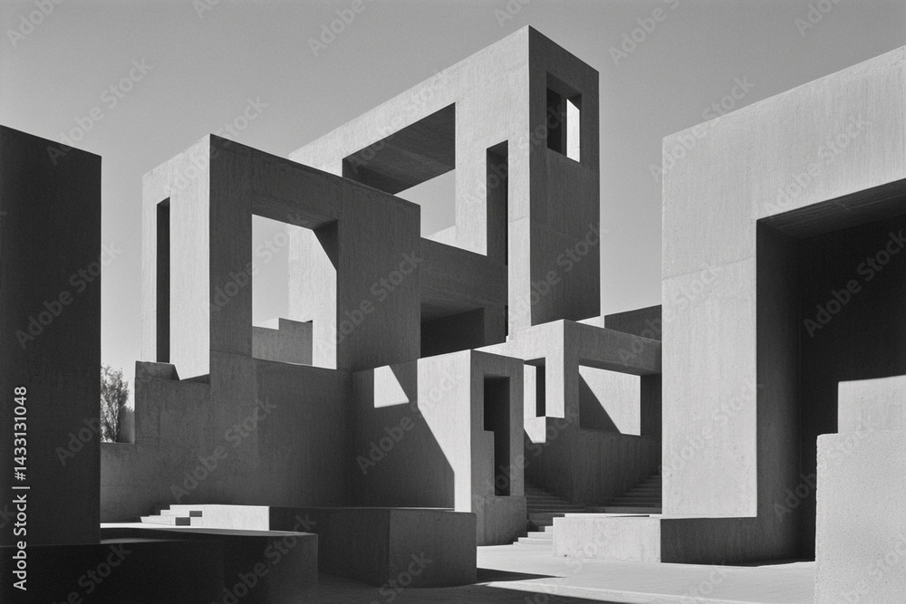 Aufkleber exploration of geometric structures in a minimalist architectural setting under clear skies