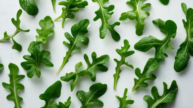 Fresh arugula leaves displayed on a white background