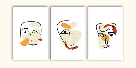 Set of minimalist one line face abstract wall art collection. 3 pieces set of scandinavian wall decoration, wall design, wall print and wallpaper.