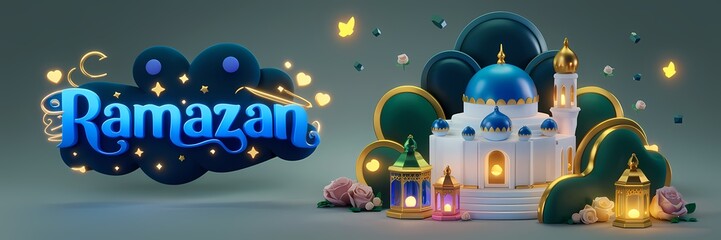 Ramazan Dark Fantasy 3D illustration Scene Featuring Glowing White Mosque with Blue Dome Golden Details Surrounded by Magical Lanterns Butterflies Roses Elegant Ramazan Text Luxurious Fantasy Setting