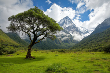 Majestic mountains rise dramatically above lush green valleys under a vibrant sky