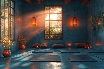 Fototapeta premium Sunset yoga studio, lush garden view, serene space