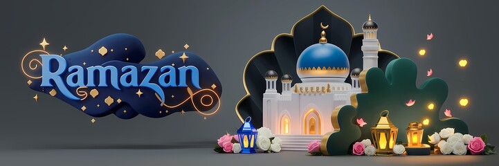 Ramazan Dark Fantasy 3D illustration Scene Featuring Glowing White Mosque with Blue Dome Golden Details Surrounded by Magical Lanterns Butterflies Roses Elegant Ramazan Text Luxurious Fantasy Setting