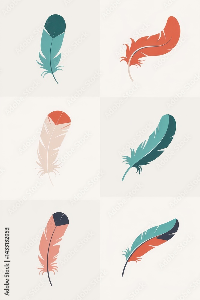 Poster abstract colorful feather illustrations in a grid pattern.