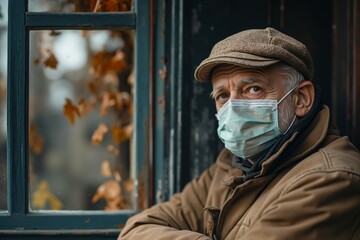A man wearing a face mask looking out of a window