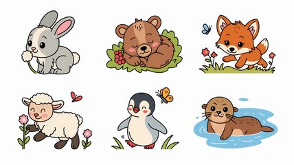 Cute cartoon animals in a whimsical nature setting.