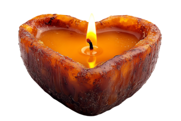 Heart-shaped candle with a glowing flame, perfect for romantic settings and ambiance.