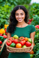 A woman holding a basket full of tomatoes in a garden