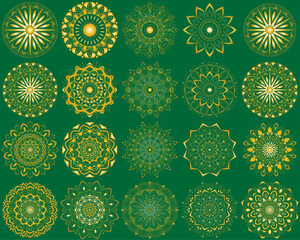 Horizontal mandala ornament set with Sacred Geometry Forms, . Vector illustration. Geometric Occult Design, Gold Alchemy Symbol, Golden Witch on green Background. Esoteric Prints template