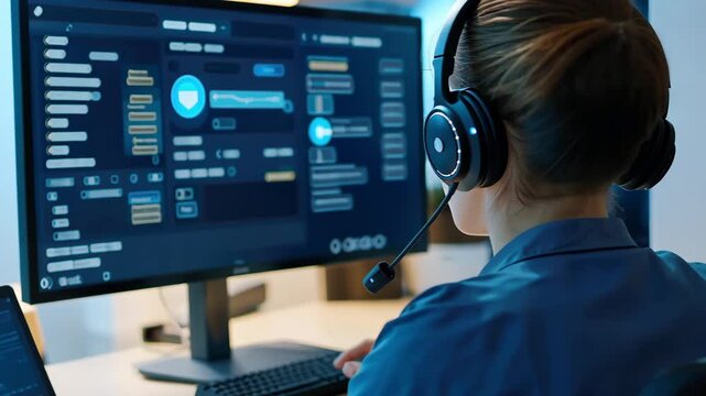 Person Working with Headphones in Front of Computer Screen Display