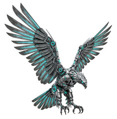 Obraz premium High-tech robotic eagle with glowing blue wings and sharp claws, isolated on a transparent background