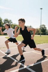 there are two young boys running on a track in a park