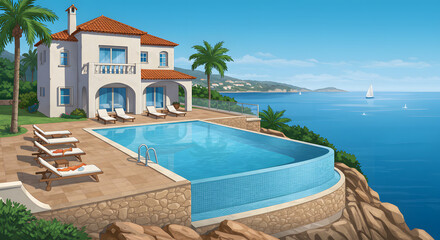 Fototapeta premium Mediterranean Villa: Infinity Pool, Coastal View, Sunny Day