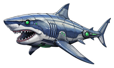 Futuristic robotic shark with green glowing eyes and sharp metal teeth, isolated on a transparent background