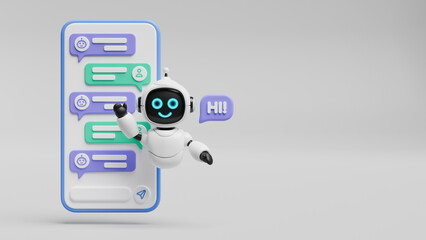 Chatbot AI Artificial Intelligence technology virtual conversation assistant support mobile smart phone online application chatting with customer service automatic answering. 3d rendering.