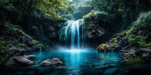 Serene Waterfall Cascading Over Rocks into a Turquoise River