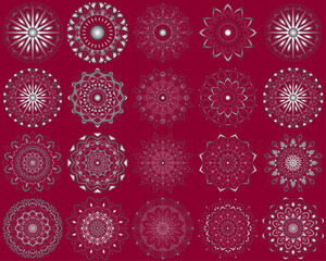 Horizontal mandala ornament set with Sacred Geometry Forms, . Vector illustration. Geometric Occult Design, Gold Floral Symbol, White Witch on Carmine Background. Esoteric Prints template