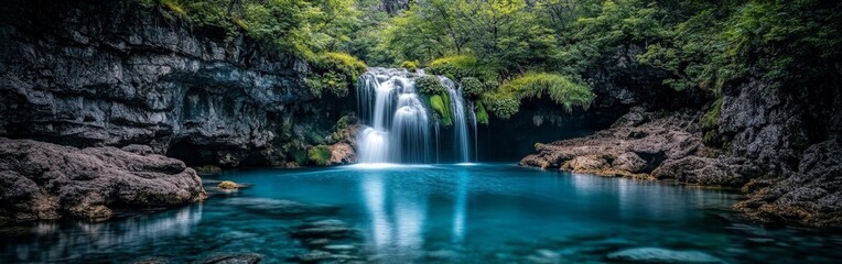 Serene Waterfall Cascading Over Rocks into a Turquoise River