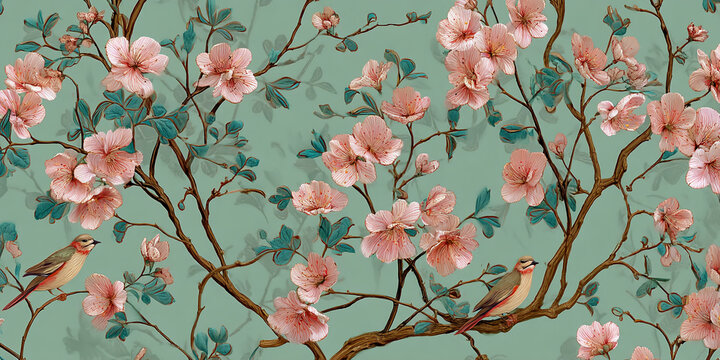 Pastel pink blossoms and birds on teal background, creating a serene, nature-inspired design, ideal for wallpaper or textile print