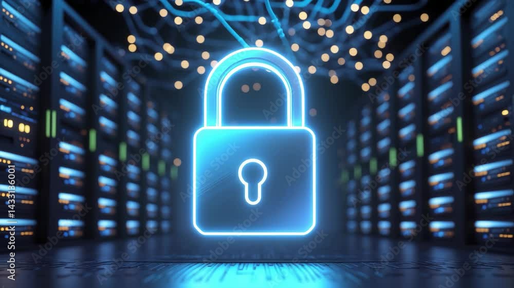 Poster icon of a padlock representing data security in a server room with digital processing elements