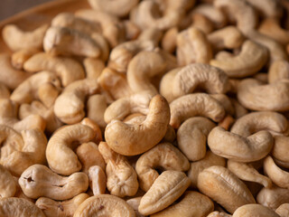 Full frame Cashew nuts background. Vegetarian Organic Healthy snack concept.