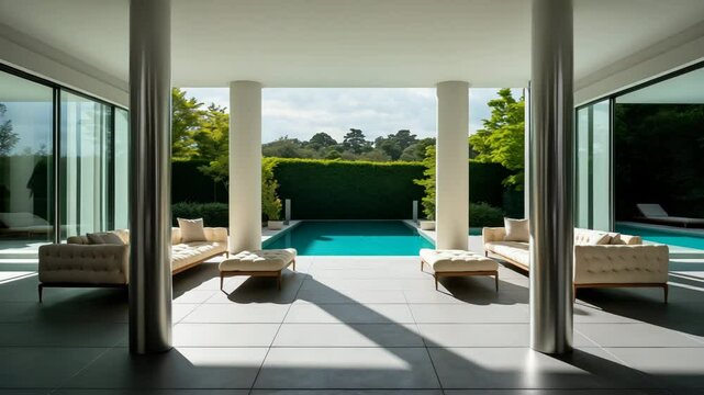 Contemporary interior design with columns, large windows, and glass doors, complemented by a tiled floor. A glass table and gray sofas are included. A pool with deck chairs can be seen outside.