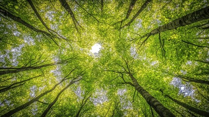Lush forest canopy viewed from below, showcasing vibrant green foliage.