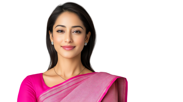 A woman wearing a pink saree, smiling confidently against a white isolated background.