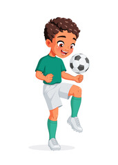 Happy young Arab boy in football player uniform kicking ball with knee. Cartoon vector illustration