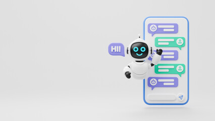 Chatbot AI Artificial Intelligence technology virtual conversation assistant support mobile smart phone online application chatting with customer service automatic answering. 3d rendering.