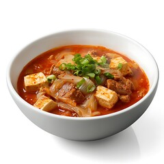 Korean Kimchi Stew With Tofu And Pork In A White Bowl Close Up Delicious And Spicy Traditional Asian Cuisine With Green Onions On Top