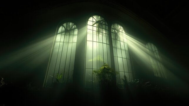 Dramatic light rays stream through large arched windows in a dark, atmospheric interior, illuminating dust and subtle greenery.