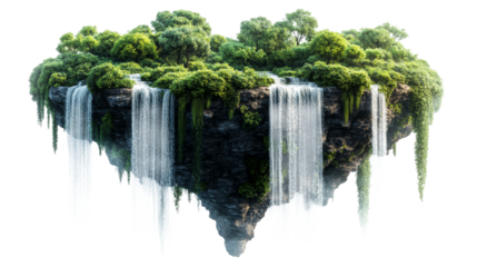 Lush floating island with waterfalls