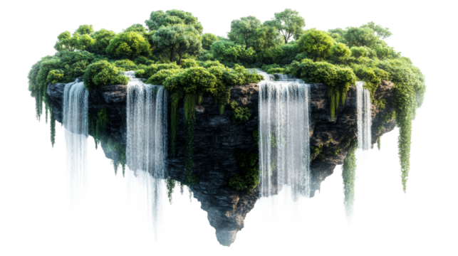 Lush floating island with waterfalls