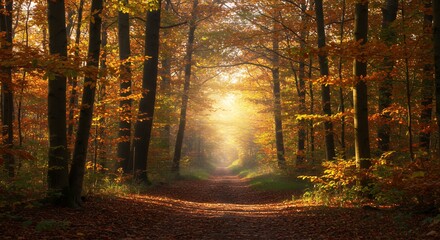 Fototapeta premium Autumn forest path sunlight