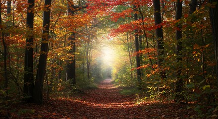 Autumn forest pathway colorful fall foliage