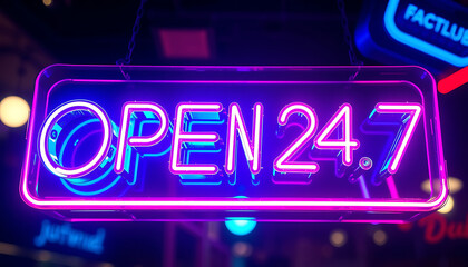 Eye-Catching Neon 'OPEN 24.7' Sign: Bold Pink and Blue Lights with Layered Glow, Suspended by Chains, Set Against a Lively Urban Night Scene with Blurred Neon Background Lights, Perfect for 24-Hour 