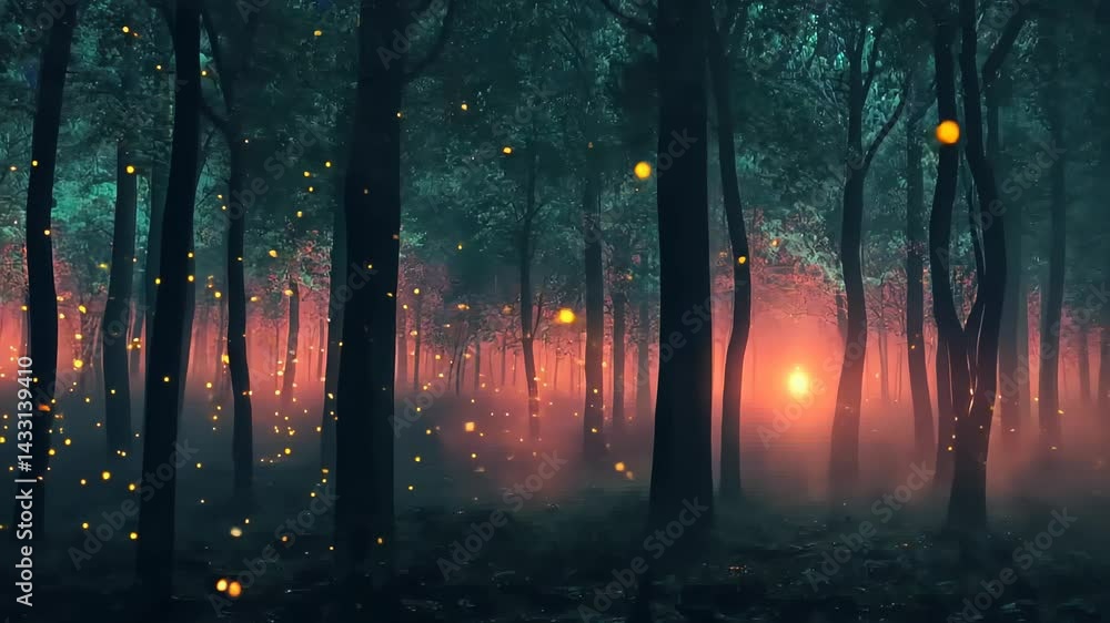 Aufkleber magical twilight in the enchanted forest with glowing fireflies and shimmering lights generative ai