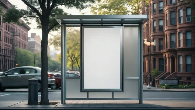 Mockup of Empty Vertical Billboard at a Bus Stop. Unoccupied Outdoor Advertising Panel for Displaying Campaign.